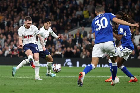 Tottenham 5-0 Everton highlights. Tottenham's Heung-Min Son celebrates with Harry Kane after scoring against Everton. 